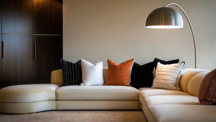 A contemporary living room features a beige sectional sofa decorated with colorful cushions, alongside a sleek floor lamp and a fashionable armchair.