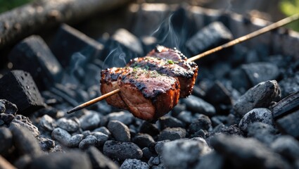 Grilled Meat Skewer Cooking Above Hot Charcoal