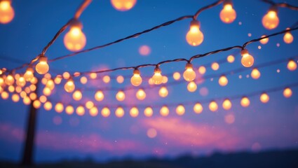 Lights dangle above on a clear summer evening.