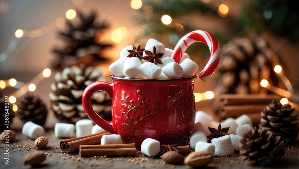 Poster hot beverage with marshmallows and candy cane in a red mug. fir cones and spices in the background. 