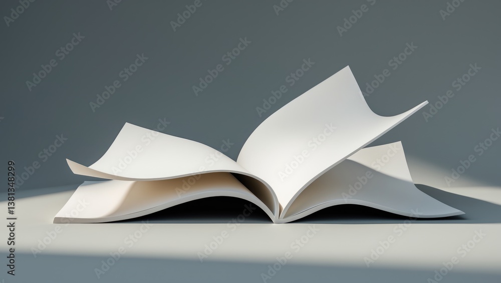 Poster opened magazine without content on a grey background featuring soft shadows.