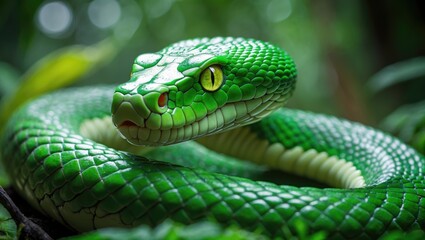Fototapeta premium Blue viper snake closeup of its head, detailed head of a snake.