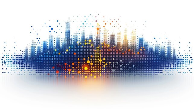 2d vector logo graphic corporate , clean lines square border with very simple scatterplot chart in middle in blues and with white background 