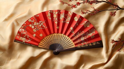 A Chinese fan with red and gold accents lying gently on a silk tablecloth with soft sheen