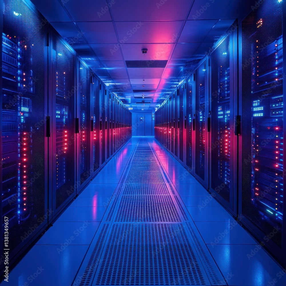 Poster illuminated server room: a glimpse into the digital core
