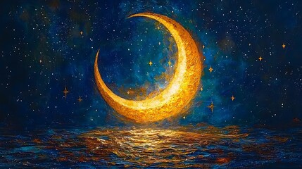 Golden Crescent Moon Night Sky Art