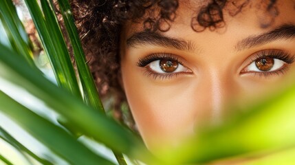 Naklejka premium Stylish Afro-American woman with radiant skin framed by tropical leaves, evoking a mysterious and elegant editorial mood