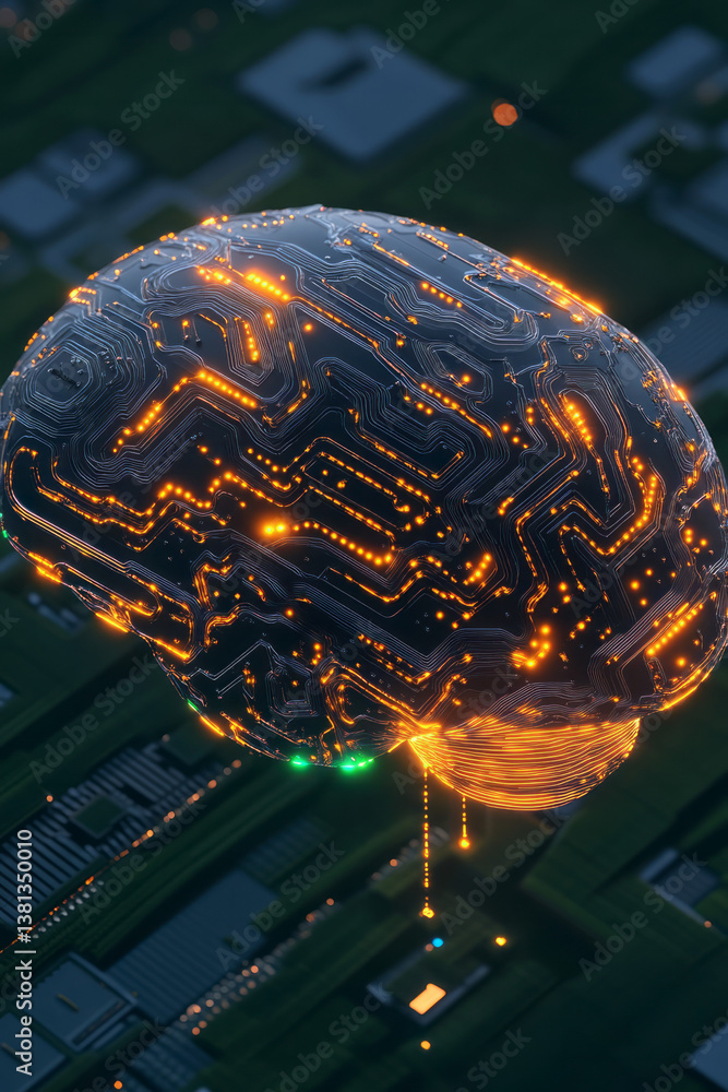 Poster a close-up concept of an ai brain built from microchip structures and circuit traces, with blue and