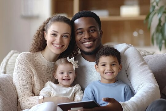 A multiracial family relaxes on a plush sofa, engaging with a digital tablet. They watch videos, play touchscreen games, and share joyful moments. The family includes spouses, a baby girl, and a