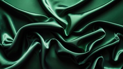 Obraz premium Silk satin background in black and green. Space for text or product. Soft wavy folds on shiny fabric. View from above. Luxurious dark green backdrop.