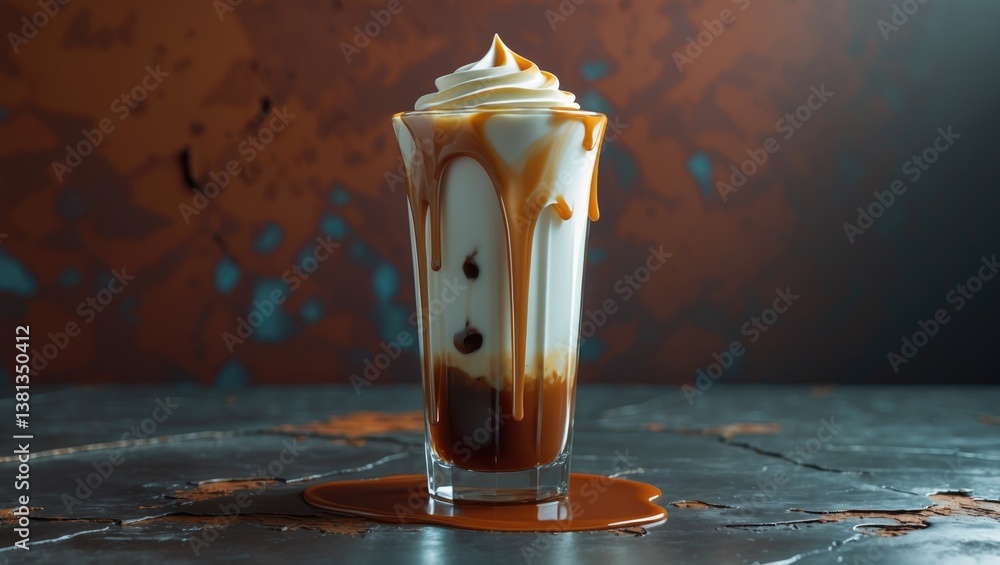 Poster ice caramel macchiato coffee on a weathered table backdrop.