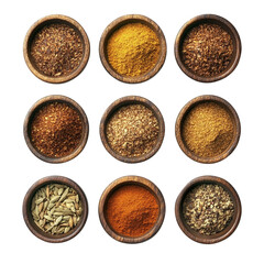 Collection of spices in bowls isolated on white background