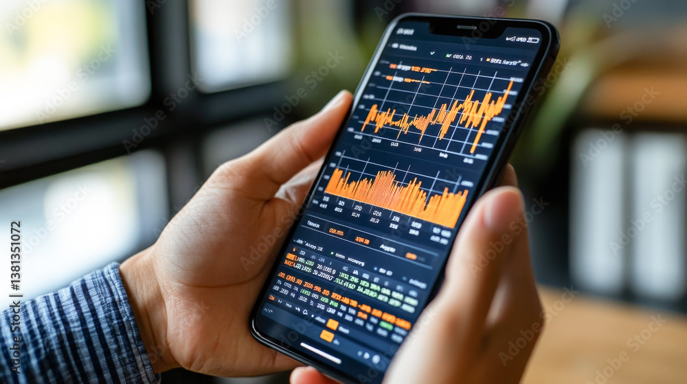 Poster A person is holding a smartphone displaying a banking transaction verification screen. The phone shows detailed charts and statements, suggesting active monitoring of financial activities.