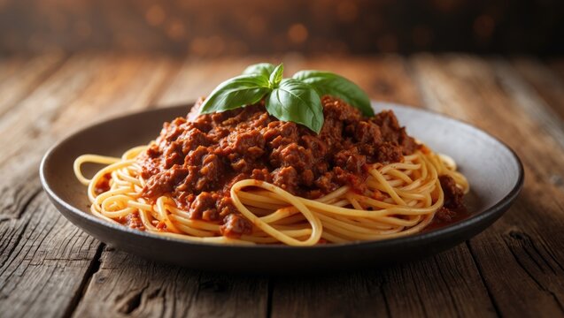 Heaped plate of tasty spaghetti pasta topped with fresh basil leaves and grated parmesan cheese seen from a low angle on a rustic wooden table.