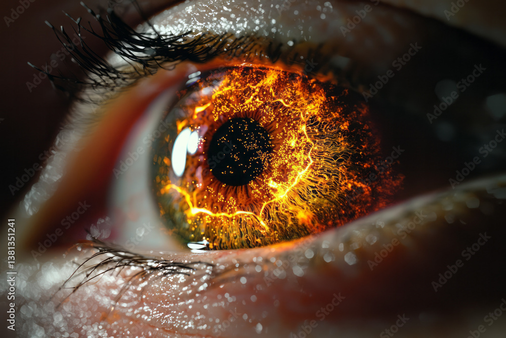 Poster a high-resolution photo of an orange eye with fiery patterns spreading from the pupil, evoking