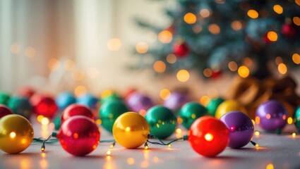 blurred colorful decorations, ornaments in baubles, background blur, moments of peace, bokeh effect with garlands, nostalgic atmosphere