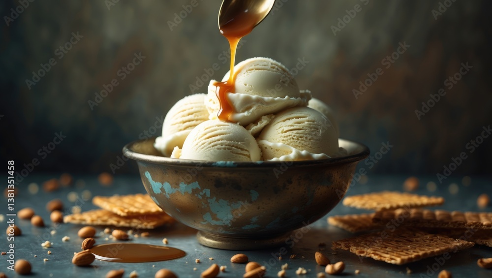 Poster ice cream scoops in a saucepan drizzled with caramel on a brown background. close up of a sweet dess