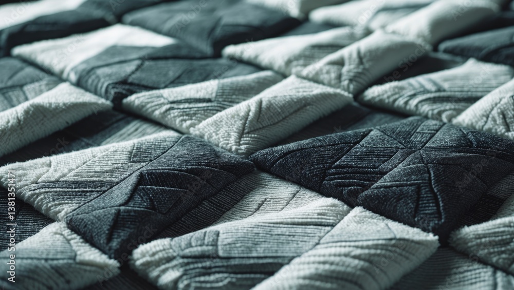 Poster Textile carpet. Soft black and white rug. Abstract background texture featuring a diamond geometric pattern. Easily introduce depth and organic texture into your designs.