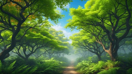 Obraz premium Beneath the lush canopy of towering trees, a tranquil realm of dappled sunlight, rustling leaves, and varied wildlife emerges.
