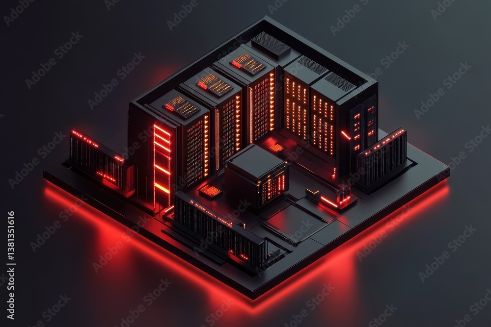 Poster detailed 3d visualization of a server room illuminated by red lights design an isometric illustratio