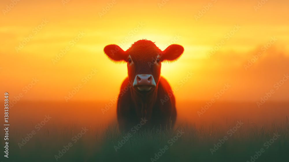 Poster a dreamy country scene with wide-eyed cows in a misty field, touched by the last rays of warm