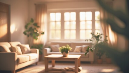 Blurred living room with morning sunlight streaming through a large window for background usage. Blurred interior concept. Bright tone.