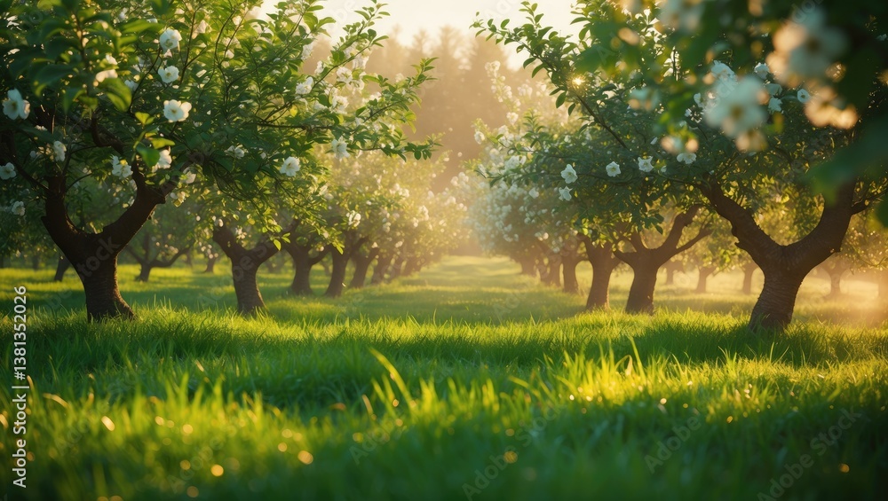 Poster incredible decorative garden featuring blooming lush trees on a sunny day. scenic view of trees in a