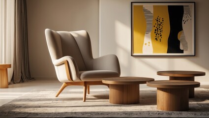 Interior layout of a harmonious living room featuring an armchair, coffee tables, decoration, and personal accessories. Comfortable home decor. Template.