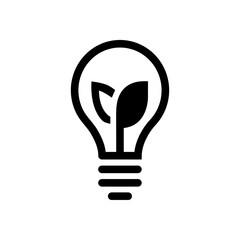 A black and white minimalist icon of a light bulb with a small leaf inside, symbolizing eco-friendly technology, renewable energy, and sustainability. 
