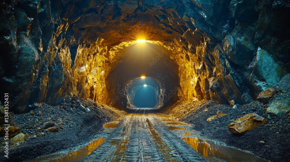 Aufkleber bright lights illuminate the walls of a deep underground tunnel where mineral extraction and process