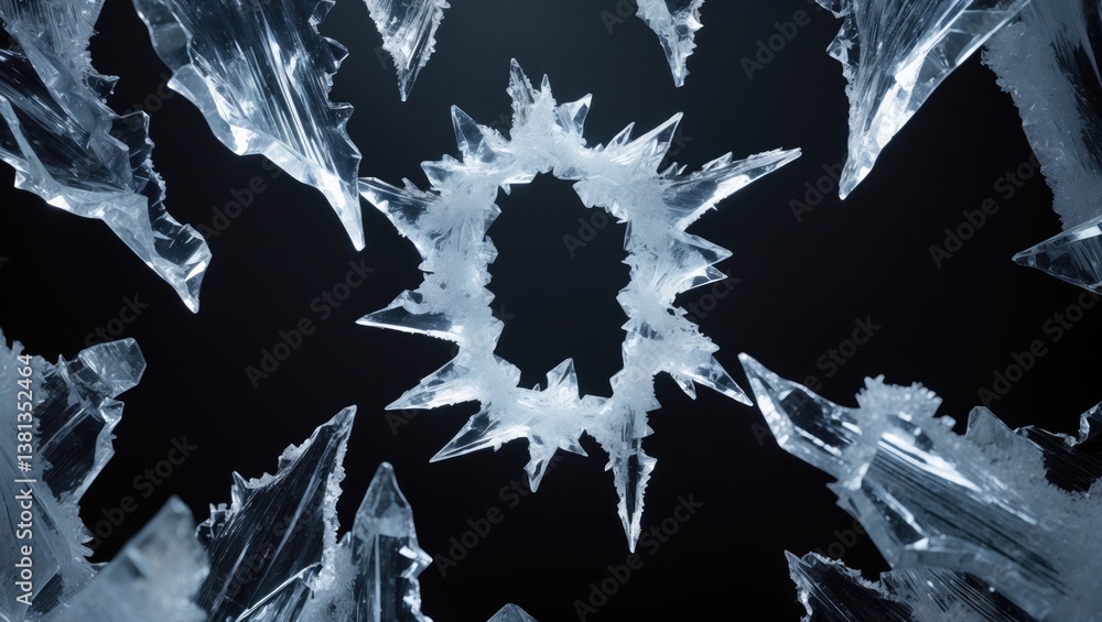 Poster hole in broken pure transparent crushed ice with cracks, close-up on a dark background.
