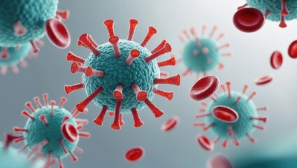 Image depicting macro Coronavirus alongside red blood cells circulating within a vein. Medicine public health pandemic outbreak concept as a digitally created visual.