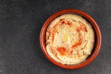 Hummus chickpea dip spices tasty appetizer vegetable dish fresh delicious gourmet vegetarian and...