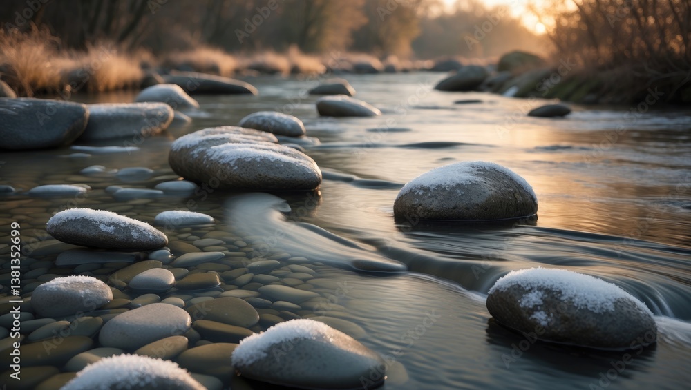 Poster Color image in horizontal orientation, captured with slow shutter speed, showcasing water flowing over rocks with ice formations.