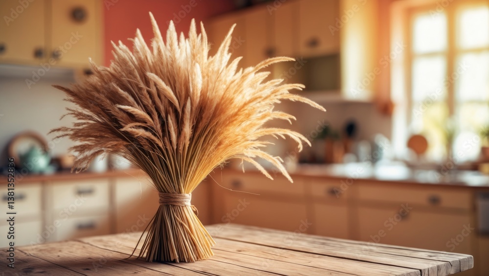 Poster blurred and abstract background. wooden table with wheat and a blurred kitchen for displaying or sho