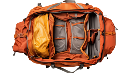 Overhead view of an open orange duffel bag with compartments and a yellow item inside it shown on transparent background png