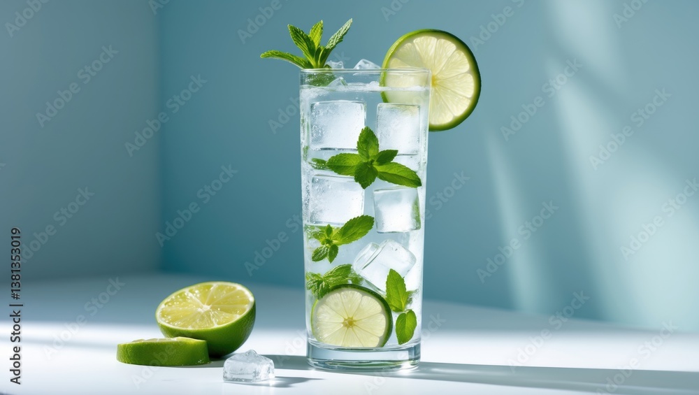 Poster ice and mojito in a glass are placed on the table, casting a strong shadow.