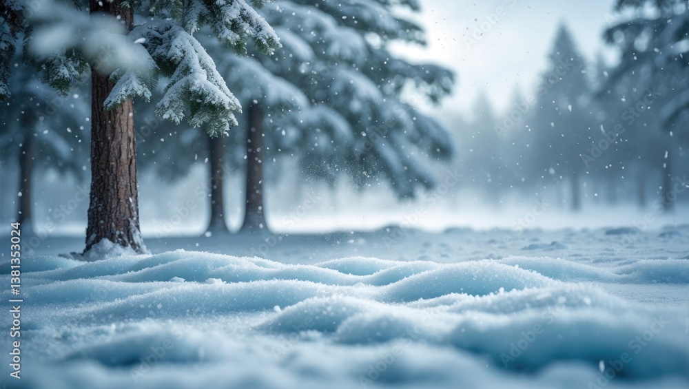 Poster Holidays greeting card featuring a snowy winter landscape with fir trees and falling snow. Winter backdrop with snow and blurred bokeh effects.
