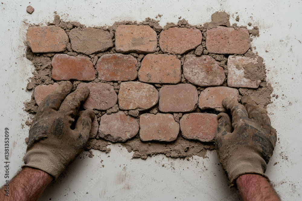 Poster a close-up shot of a person wearing work gloves carefully laying bricks with mortar to construct a