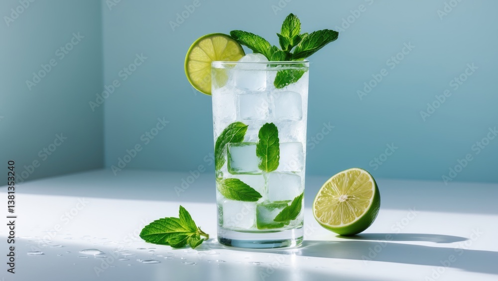 Poster ice and mojito in a glass rest on the table, casting a strong shadow.