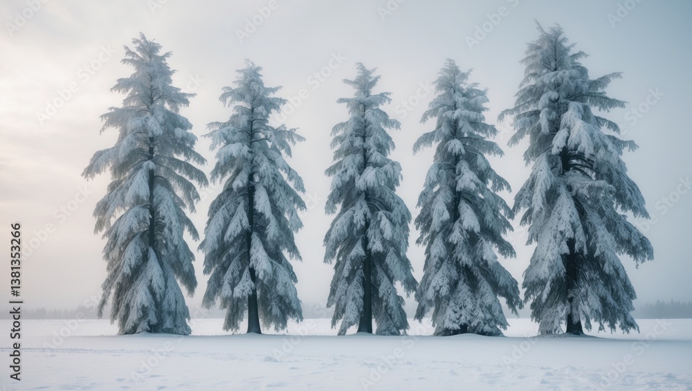 Poster group of frosted spruce trees surrounded by snow against a white background.