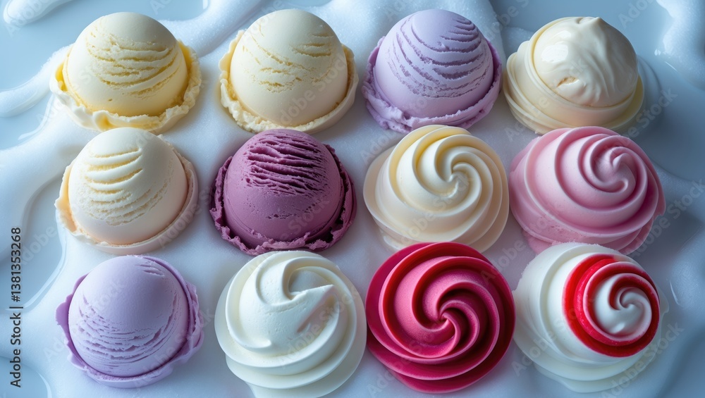 Poster ice cream scoops of various flavors isolated on a backdrop