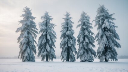 Fototapeta premium Group of frosted spruce trees surrounded by snow against a white background.