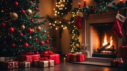 Classically decorated interior living room featuring a fireplace. Tree adorned with red and golden ornaments alongside gift boxes. Modern classic style of apartment interior design. Evening at home.