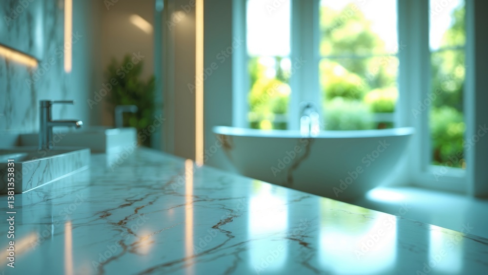 Poster blurred background and marble countertop surface suitable for mockup of product display or design la