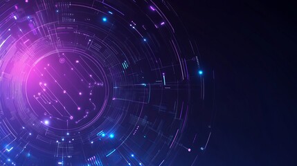 Abstract glowing circuit board with purple and blue lights on a dark background design element