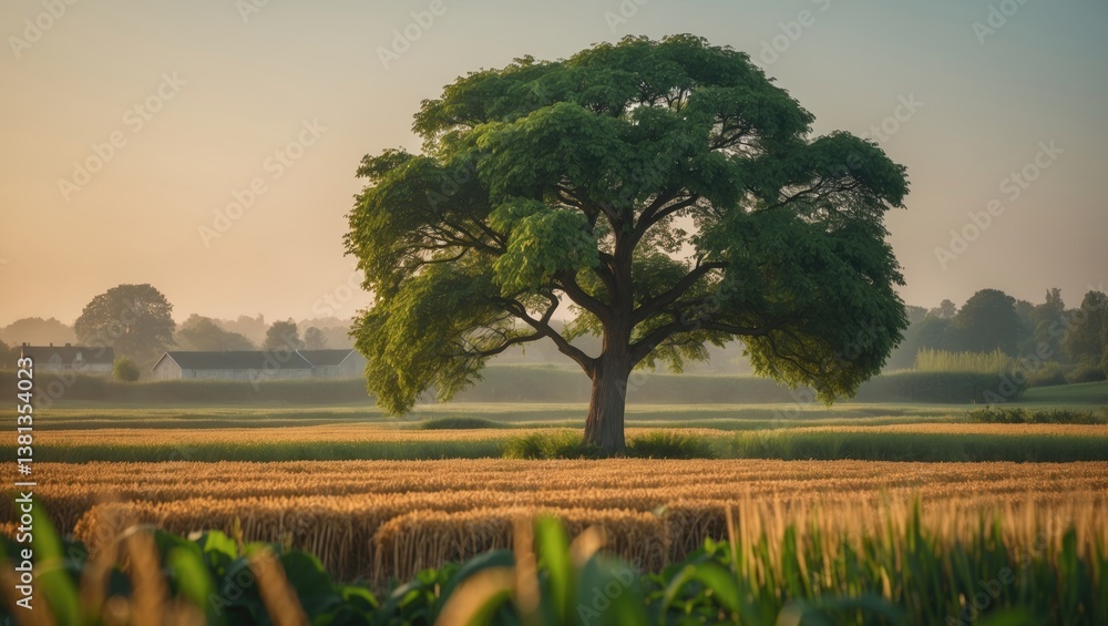 Poster Isolated tree situated in a rural field on a calm, tranquil day. The tree symbolizes the simplicity and serenity of outdoor landscapes. Concept involving peace and solitude.