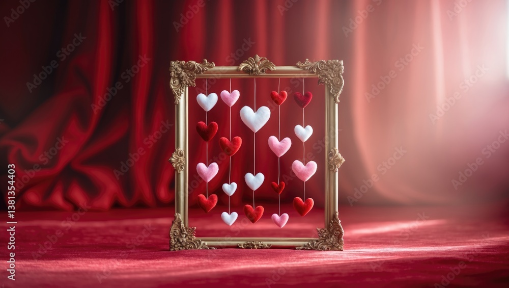 Poster romantic valentine's day theme showcasing red, white, and pink hearts arranged within a frame agains