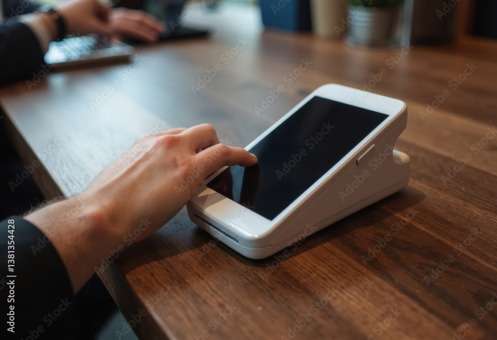 Poster a person using a mobile device on a wooden table in a modern setting