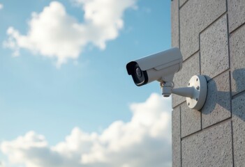 Security camera mounted on a building against a blue sky with clouds
